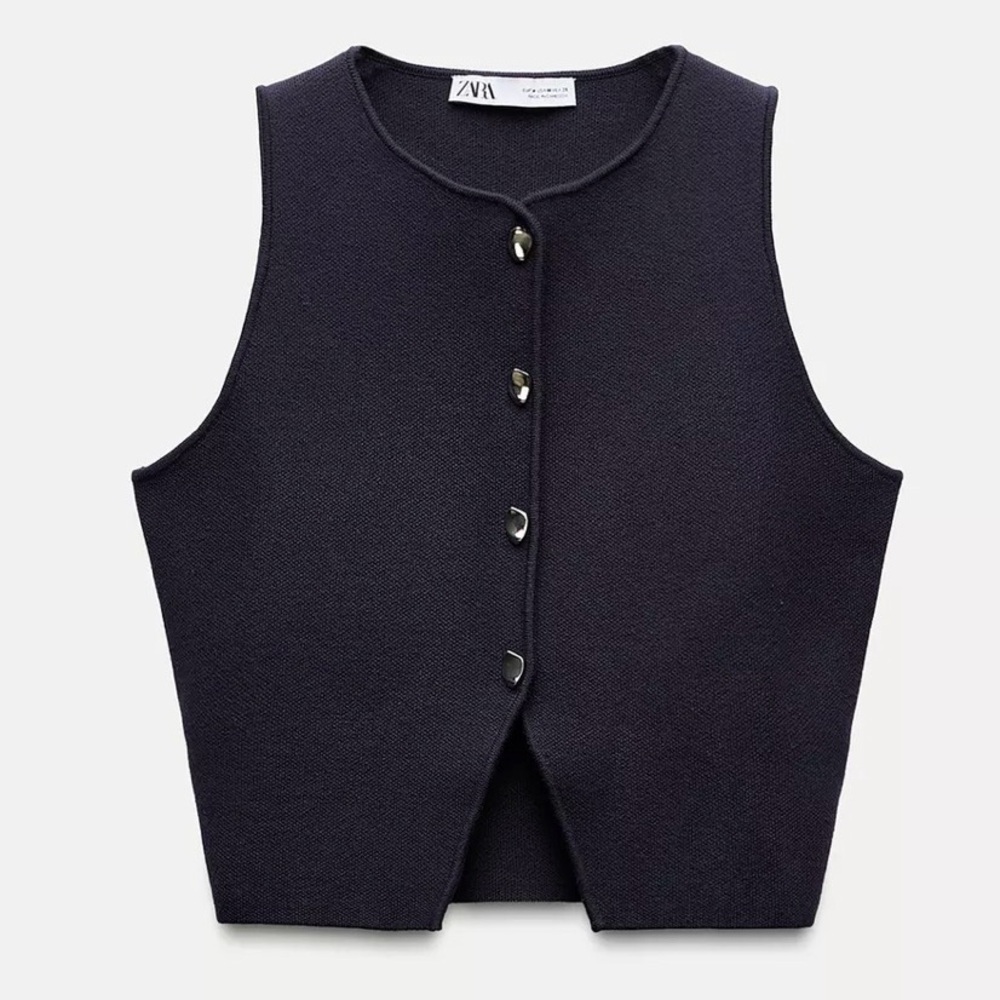 Zara Navy Cropped Sleeveless Button-Up Vest M